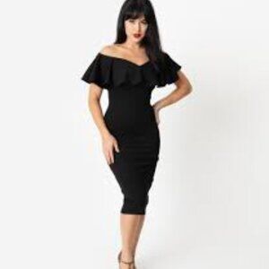 Unique Vintage Black Knit Ruffle Sophia Wiggle Dress Sz 10 L  NWT